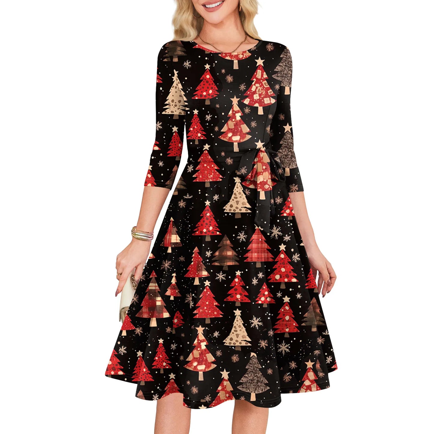 Women's A Line O Neck Polyester Dress Christmas Print Slim