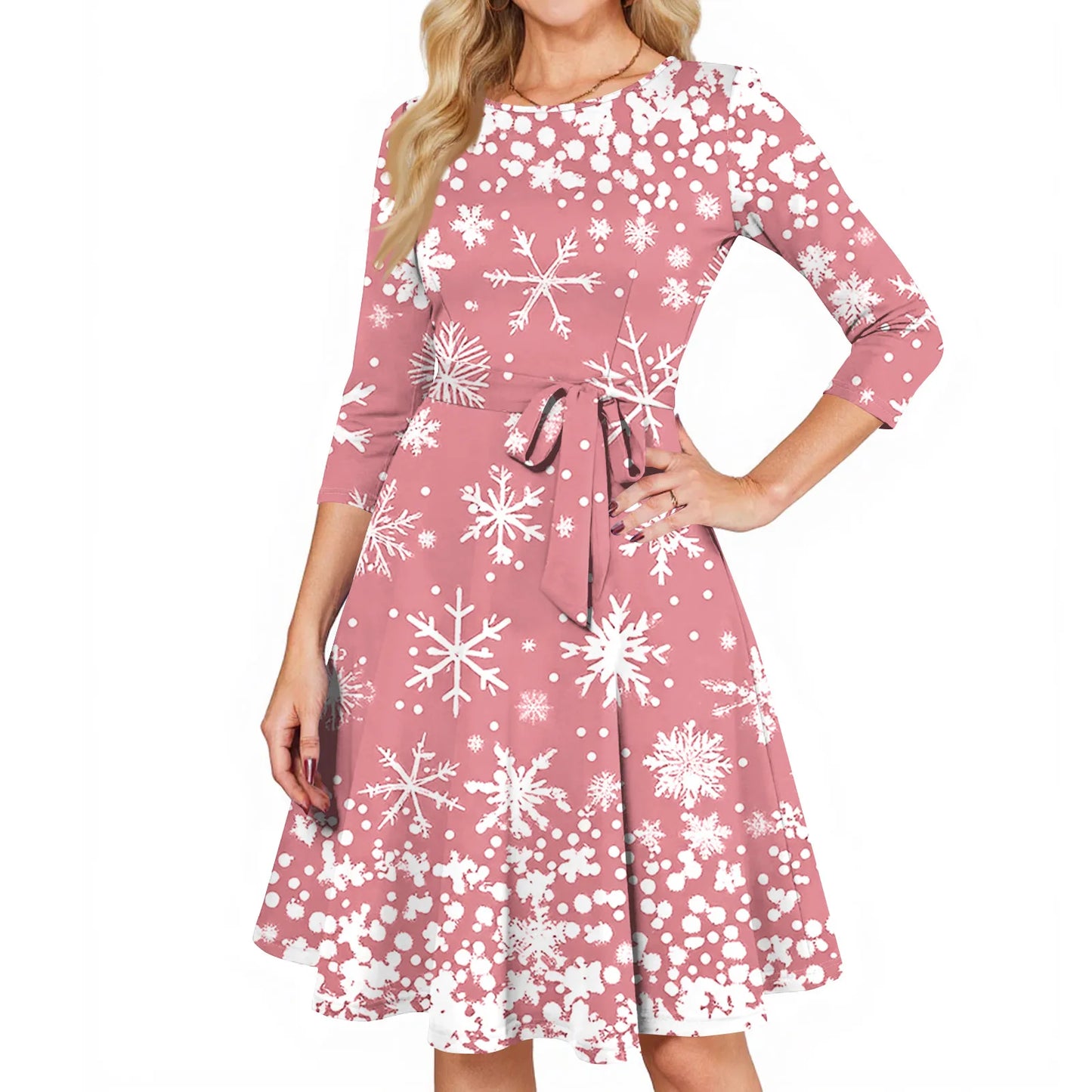 Women's A Line O Neck Polyester Dress Christmas Print Slim