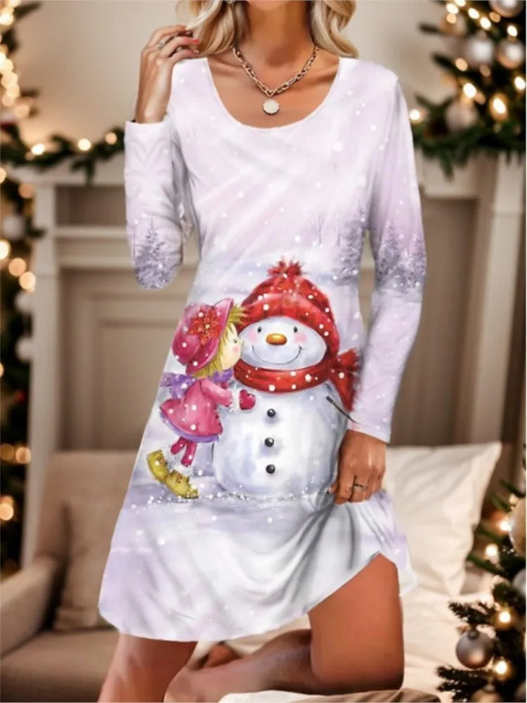 Women's Round-Neck 3D Printed Christmas Regular Dress Polyester