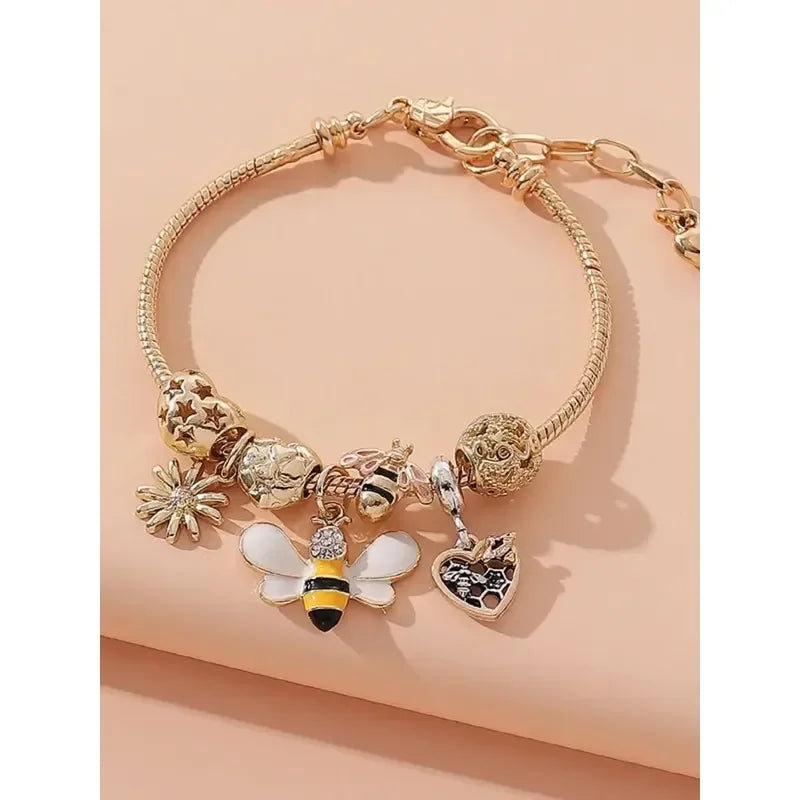 Bee Pendant Beaded Chain Bracelet Stainless Steel For Women