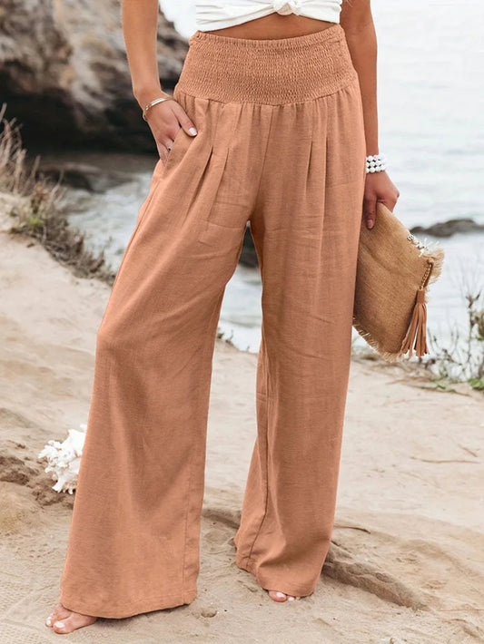 Women's Wide Leg Nylon-Cotton Casual Style Pants Regular Fit Solid