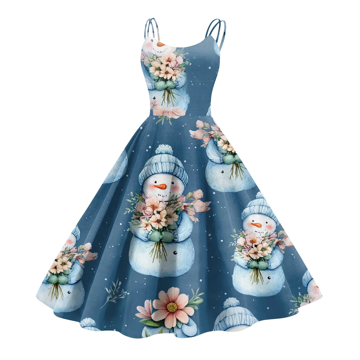 Women Christmas Print Spaghetti Strap Polyester Dress