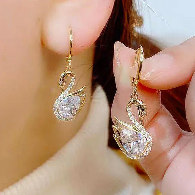 Gold Rhinestone Swan Pendant Earrings Fashion Jewelry