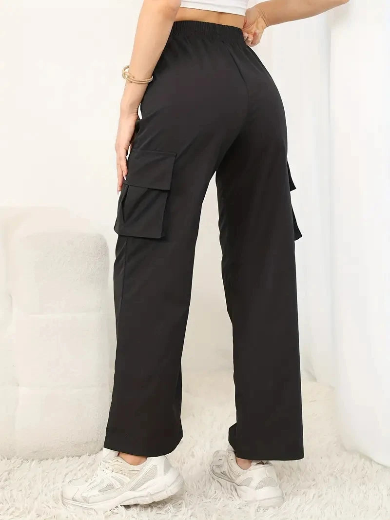 Womens Cargo Pants Regular Fit Polyester Solid High Waist
