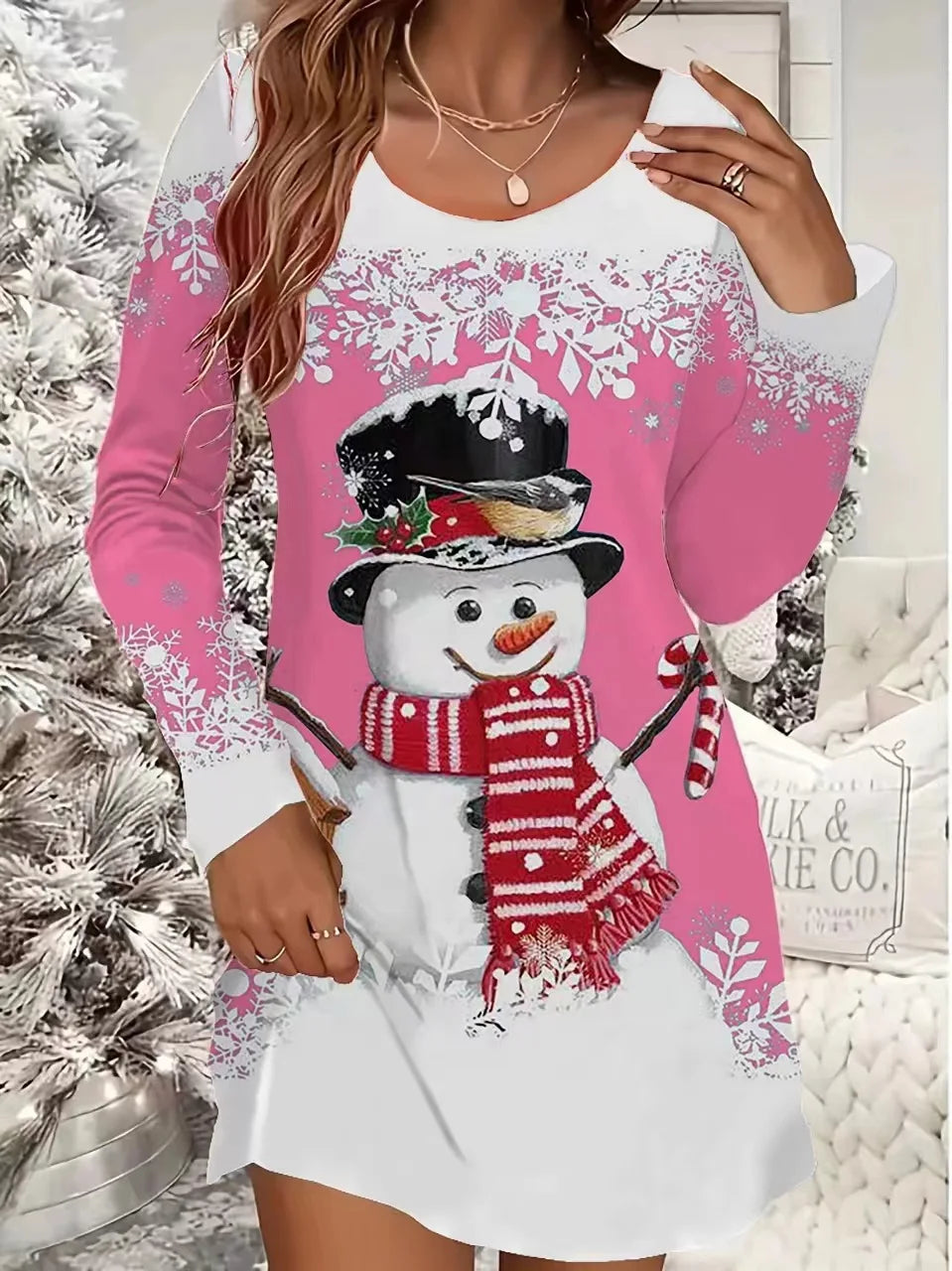 Women's Christmas Casual Snowflake And Christmas Tree Print Dress