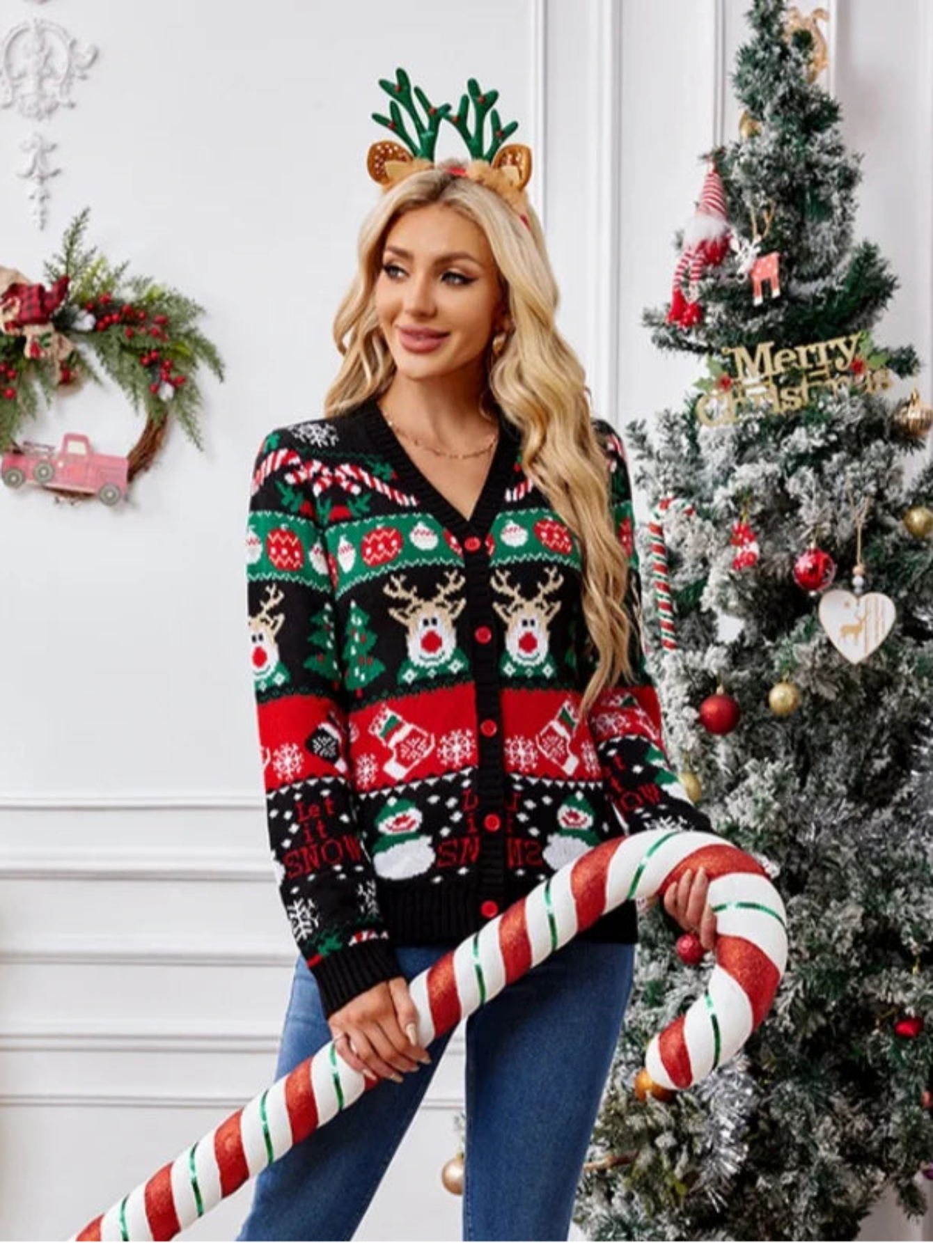 Christmas Cartoon Knit Sweater Full Sleeve Cardigan Warm