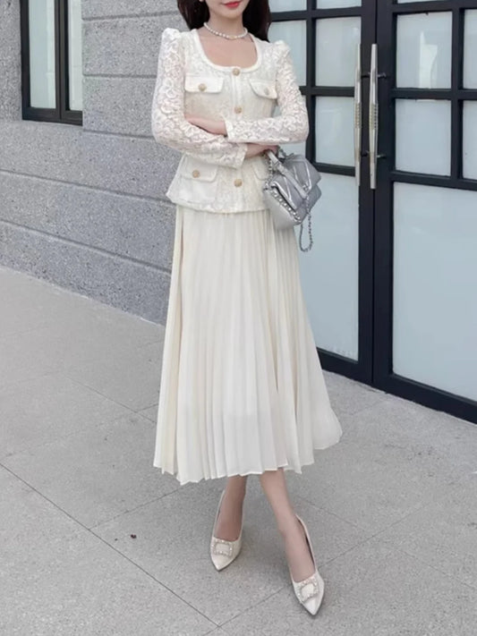 Elegant Lace Patchwork Belted Midi Dress For Party Wear