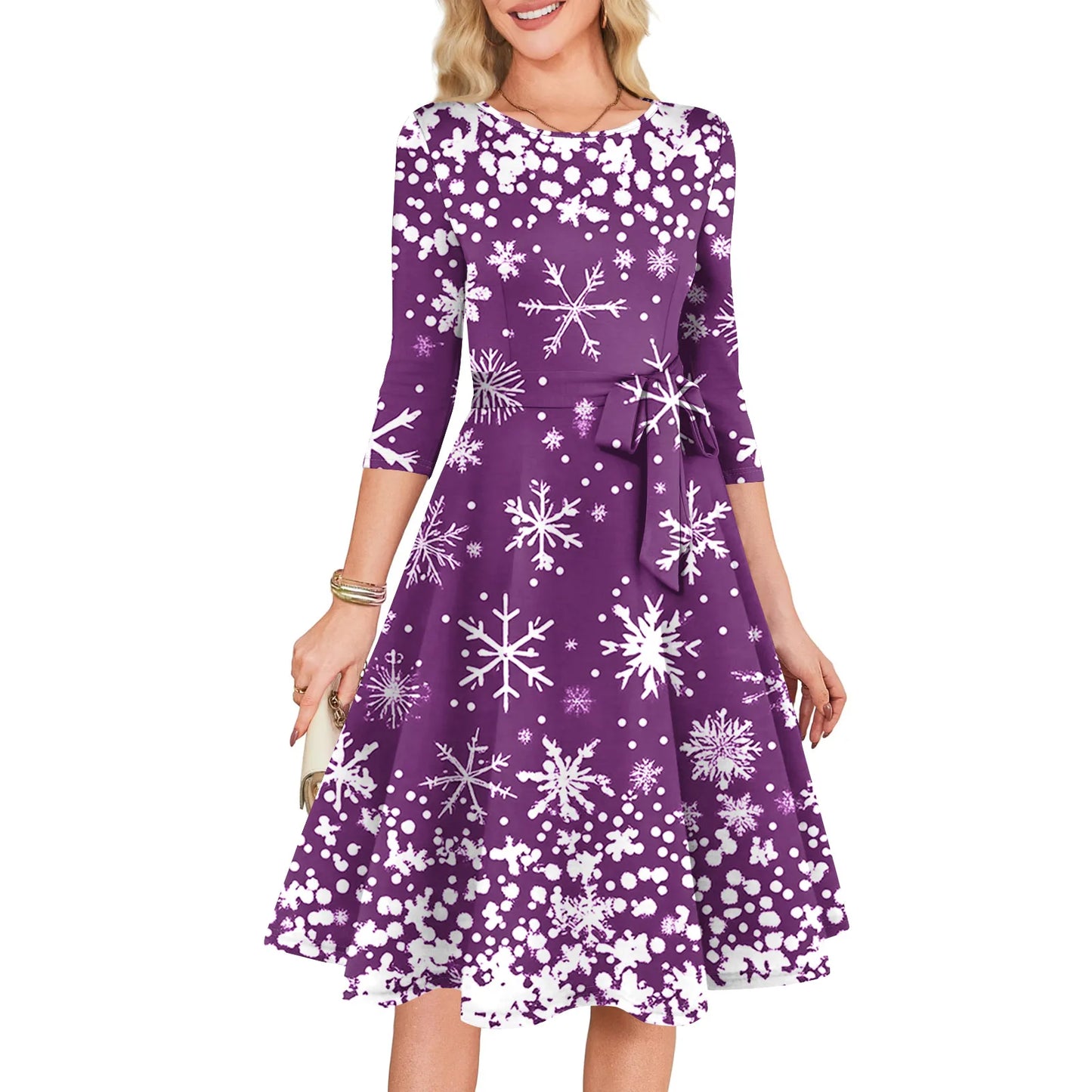 Women's A Line O Neck Polyester Dress Christmas Print Slim
