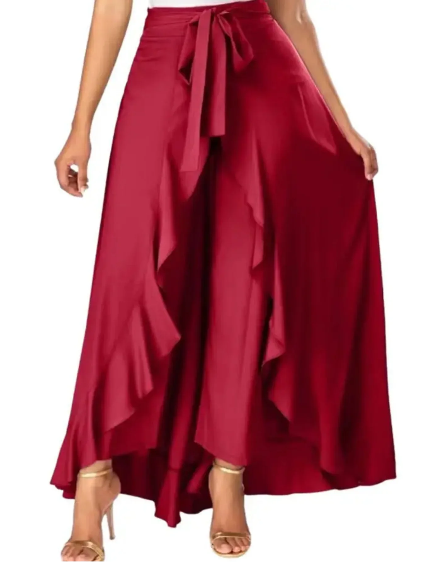 Elegant High Waist Lace Up Chiffon Dress Pants With Ruffle Details