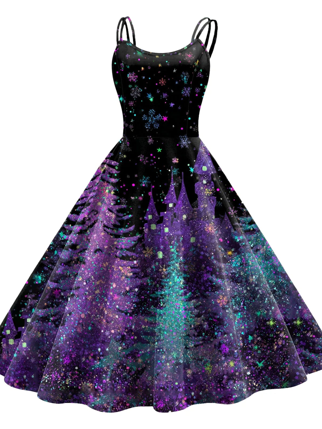 Retro Paint Print Christmas Tree Sleeveless Midi Dress