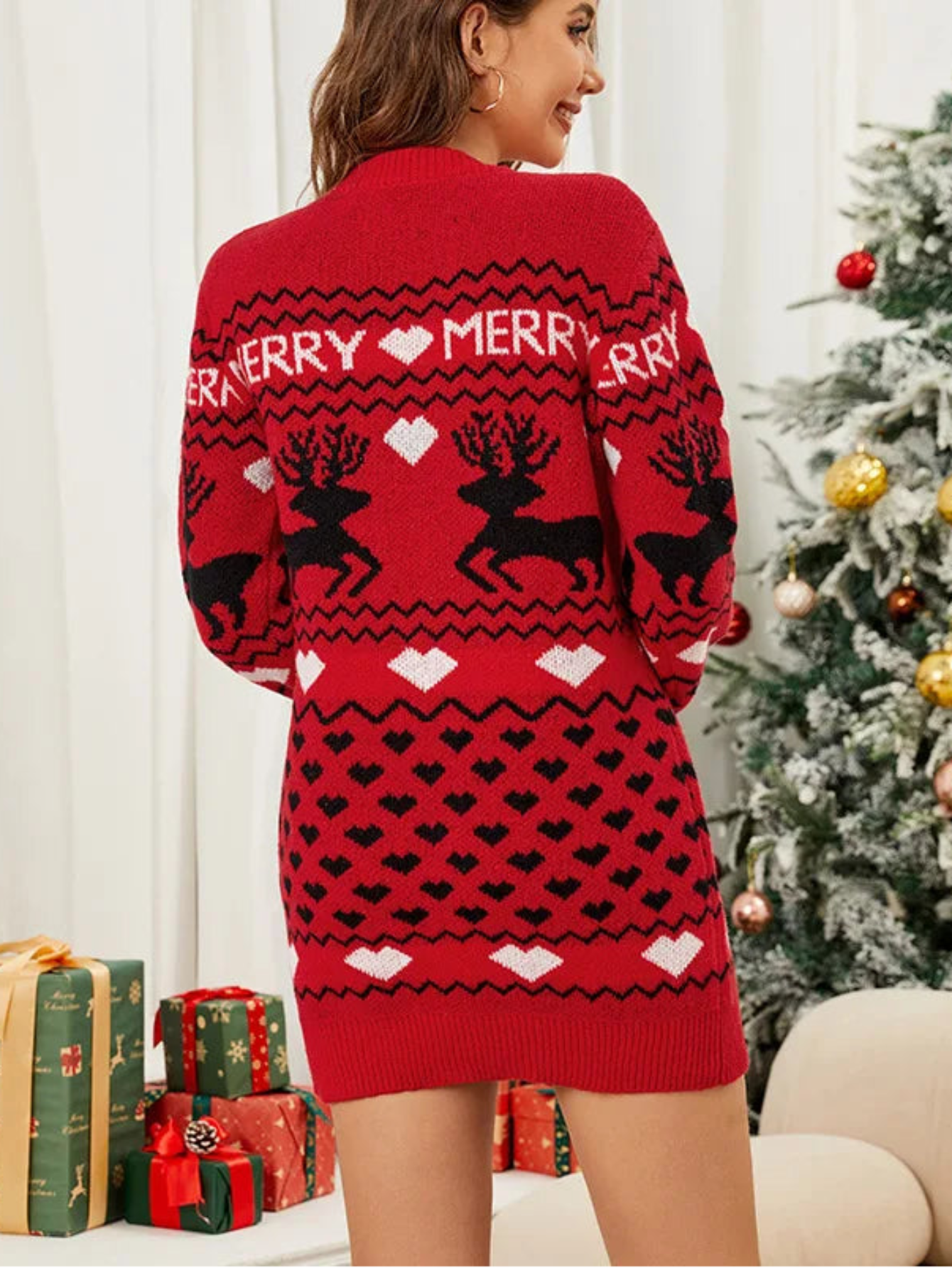 Winter Elk Print Long Christmas Sweater