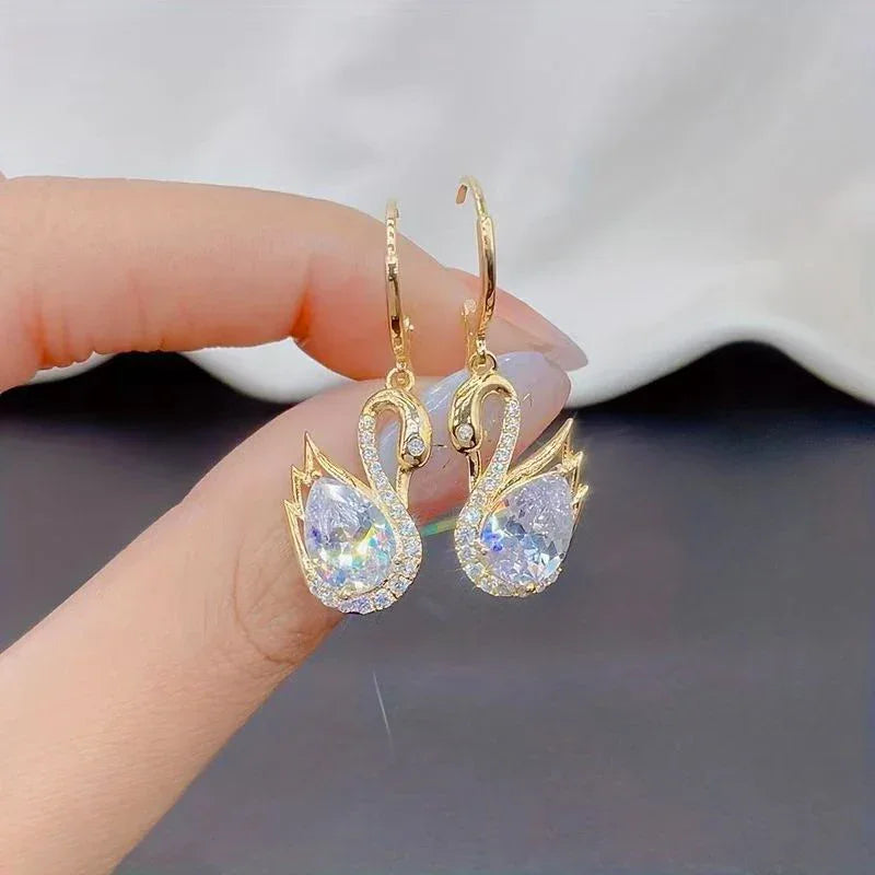 Gold Rhinestone Swan Pendant Earrings Fashion Jewelry