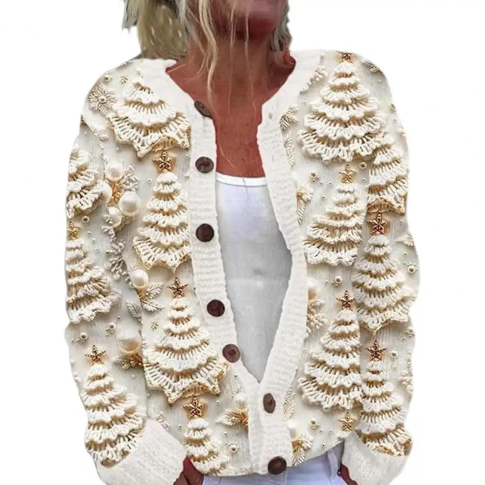 Cardigan Coat Round Neck Festive 3D Christmas Print Jacket