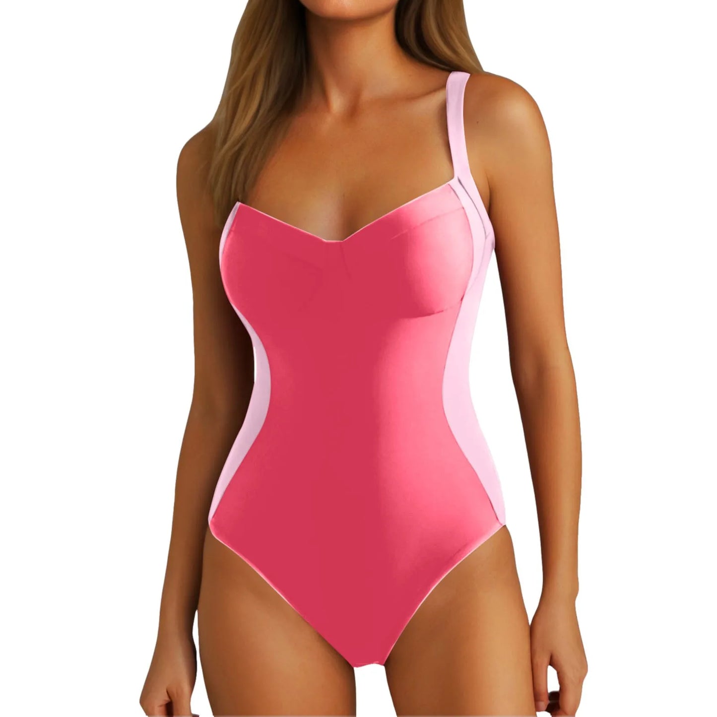 Contrast One-Piece Swimsuit – Push-Up Bathing Suit with Suspender Straps