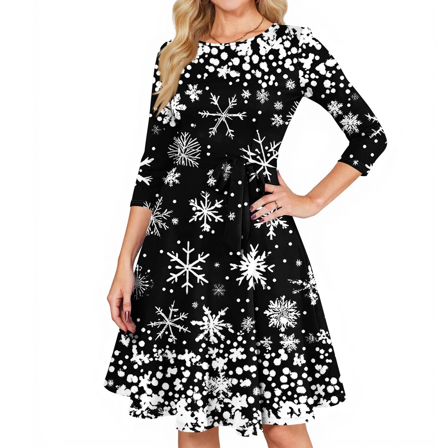 Women's A Line O Neck Polyester Dress Christmas Print Slim