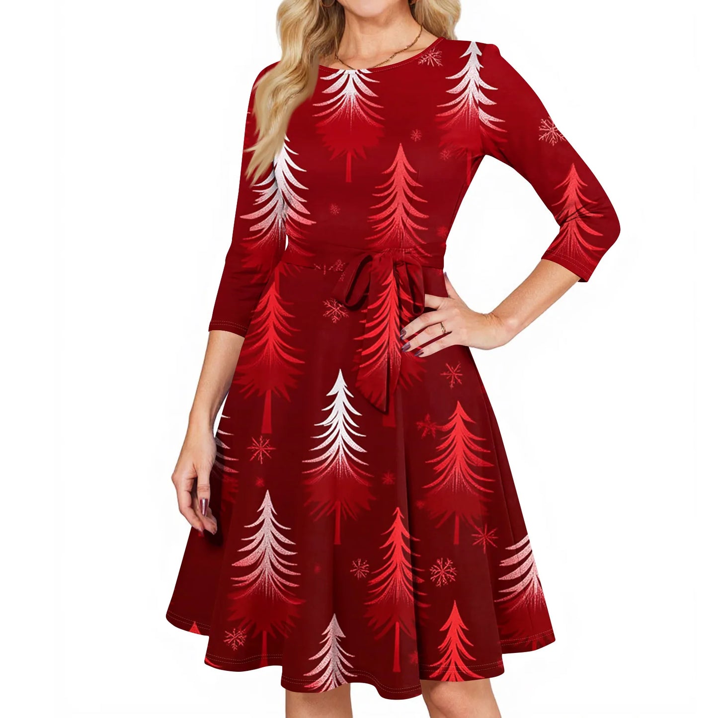 Women's A Line O Neck Polyester Dress Christmas Print Slim