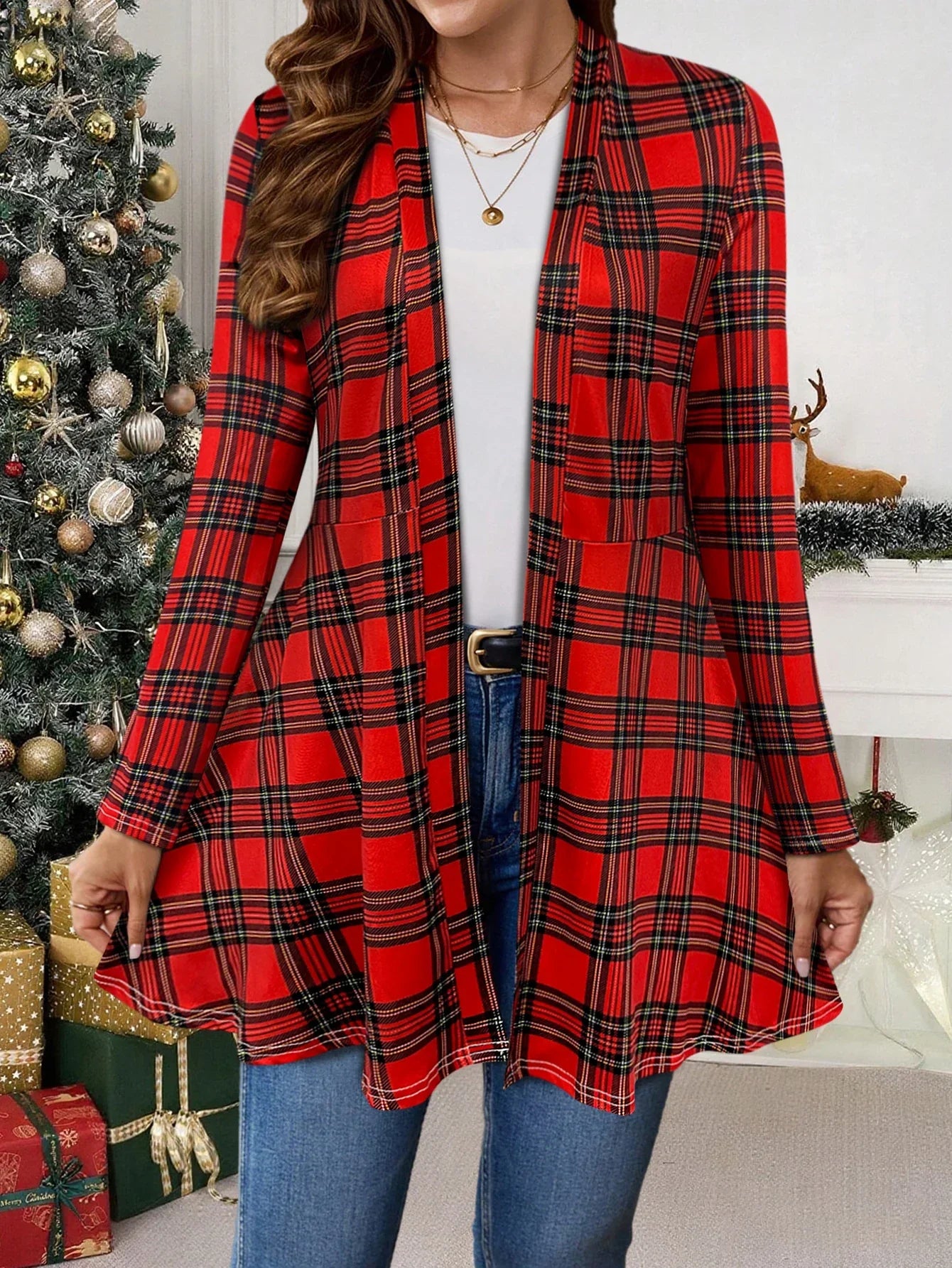 Christmas Plaid Knit Open Front Cardigan