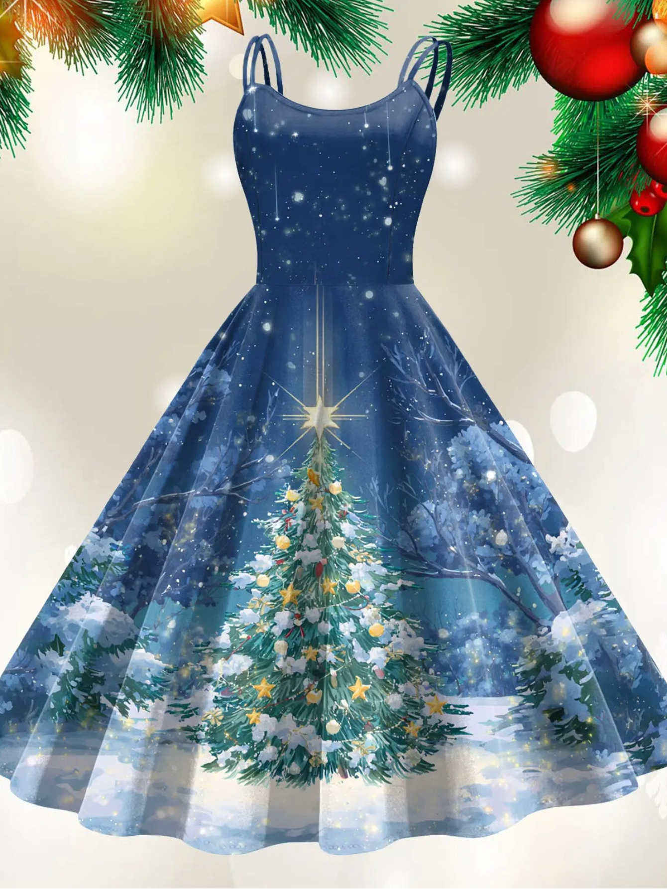 Retro Paint Print Christmas Tree Sleeveless Midi Dress