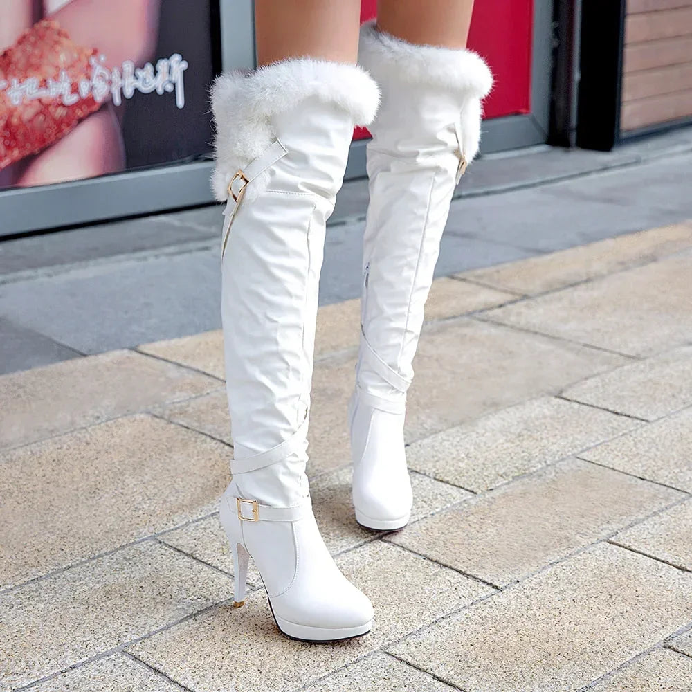 PU Leather Platform Over Knee Boots For Women Warm Winter