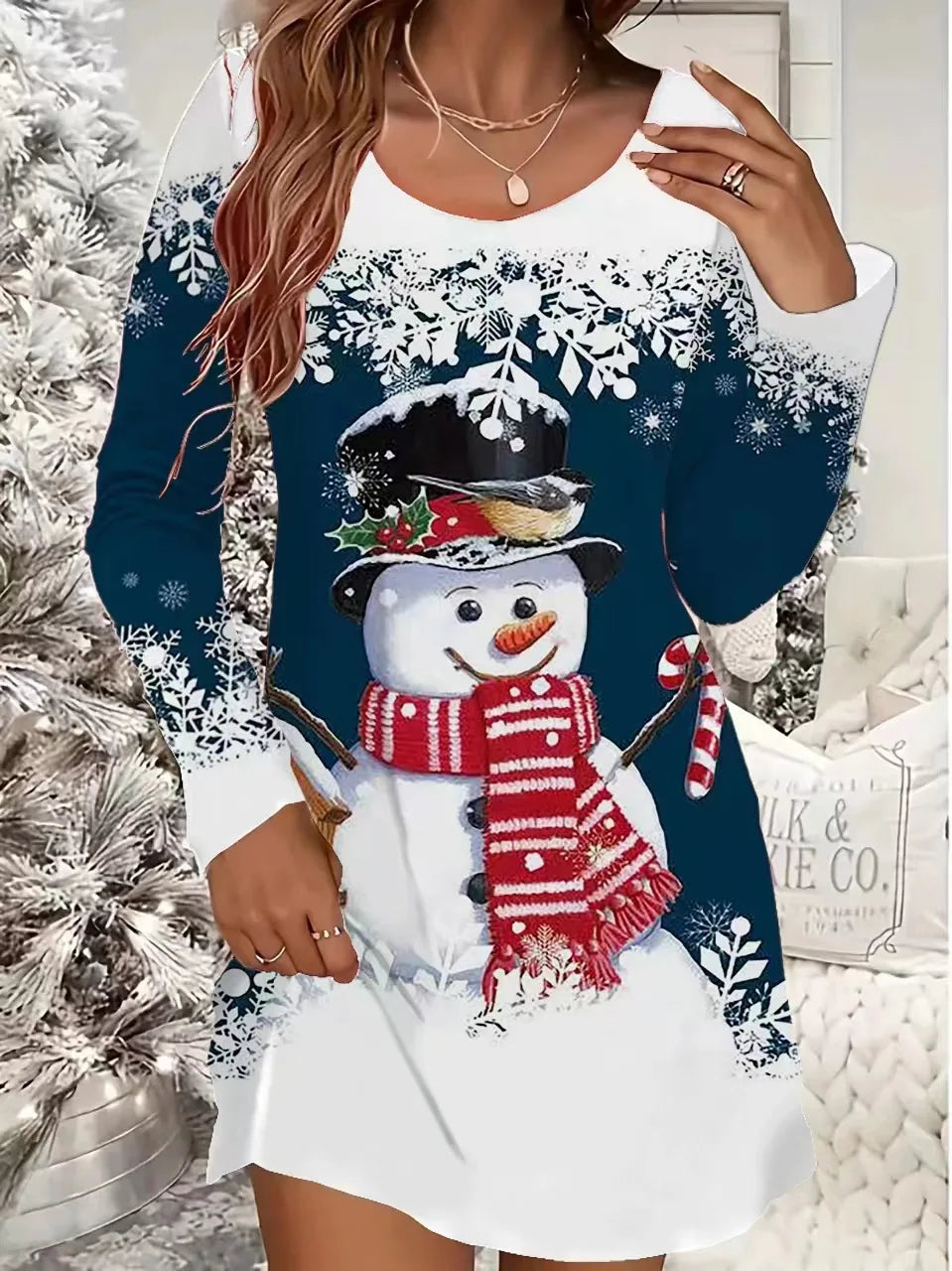 Women's Christmas Casual Snowflake And Christmas Tree Print Dress
