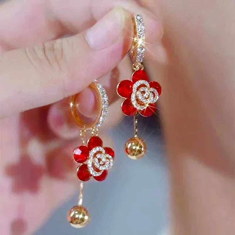 Crystal Rhinestone Rose Pendant Drop Earrings Jewelry