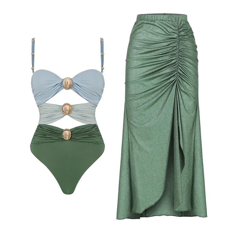 Flower Ruffle Swimsuit With Cover Up V Neck Bikini