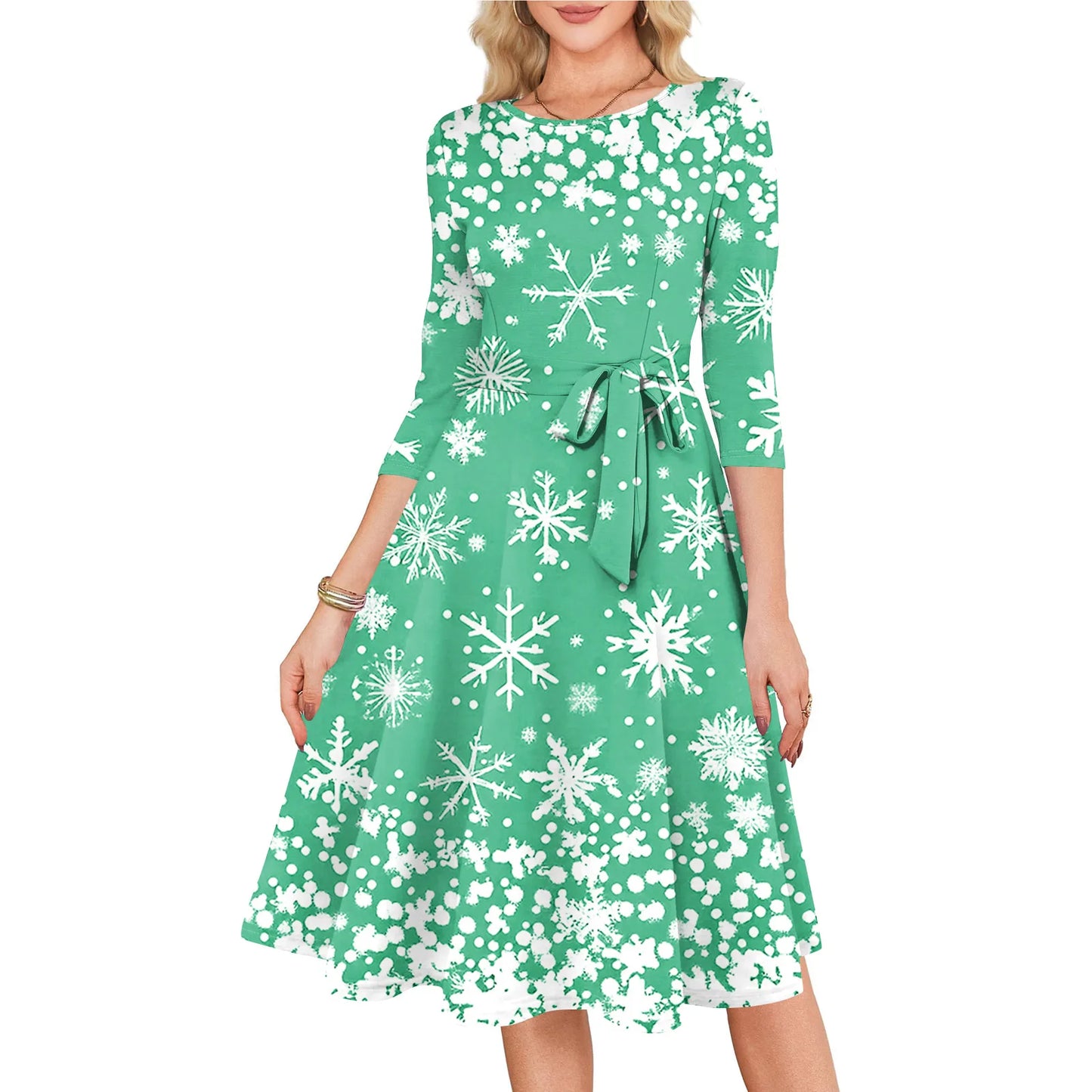 Women's A Line O Neck Polyester Dress Christmas Print Slim