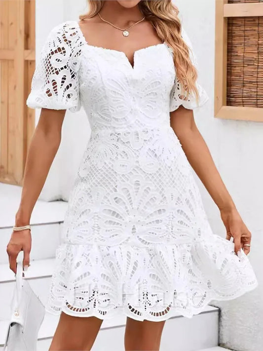 Summer Hollow Out White Party Dress - Elegant Lace Mini