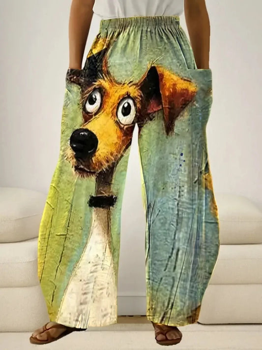 Women's Loose Bloomers Cartoon Dog Animal Print Polyester Pocket