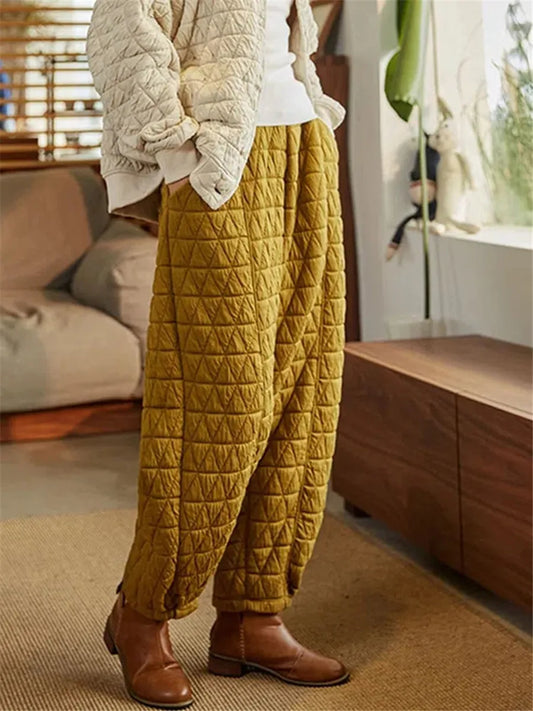 Womens Loose Quilted Cotton Harem Pants Solid High Waist