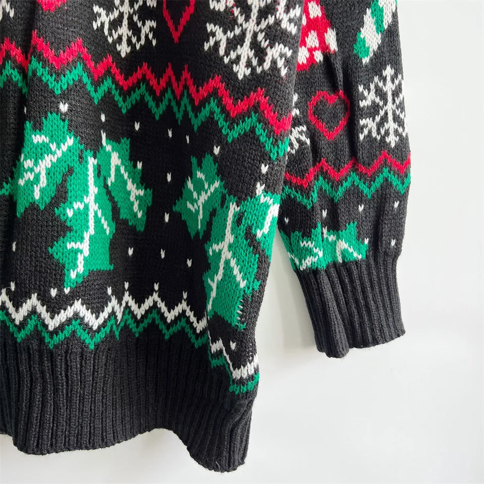 Christmas Snowflake, Trees, Stockings Long Knitted Sweater