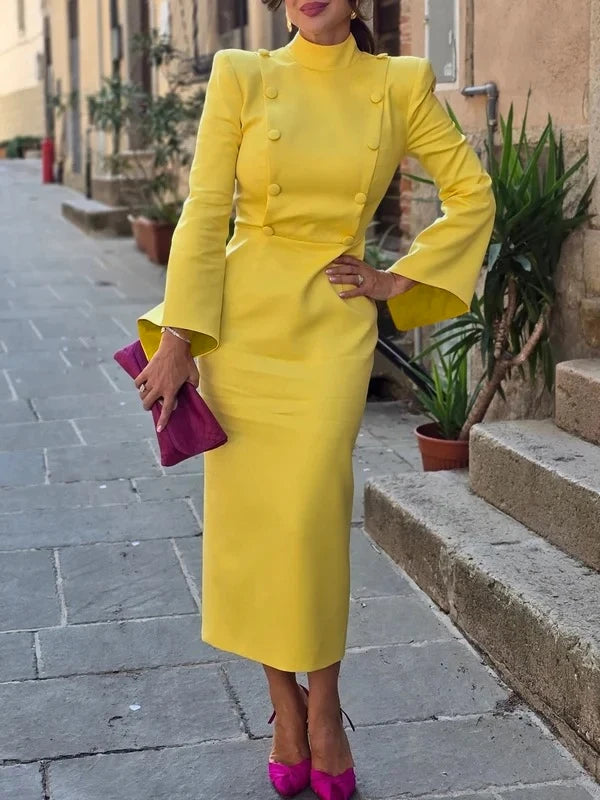 Stand Collar Formal Office Midi Dress With Flared Sleeves