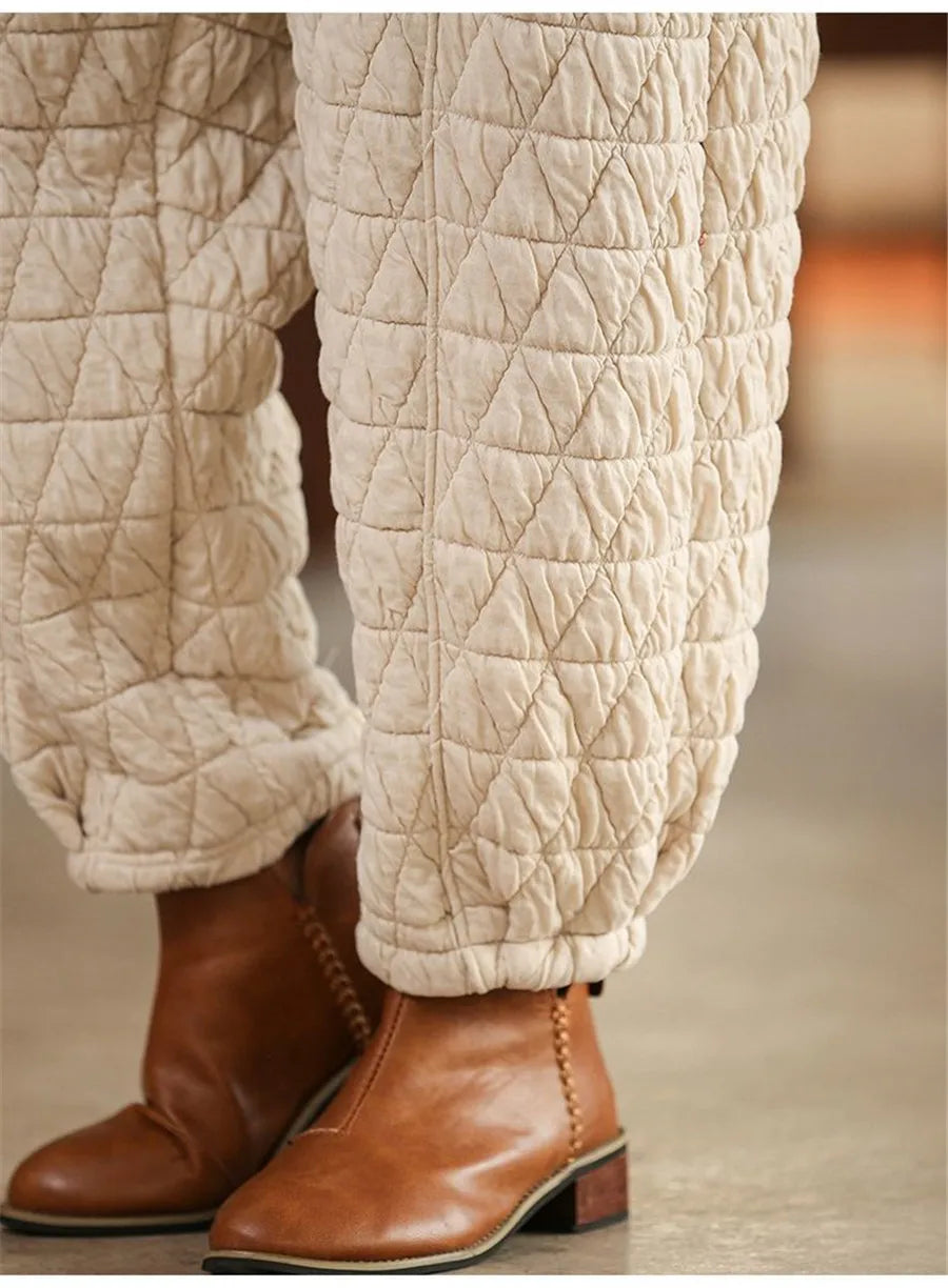 Womens Loose Quilted Cotton Harem Pants Solid High Waist