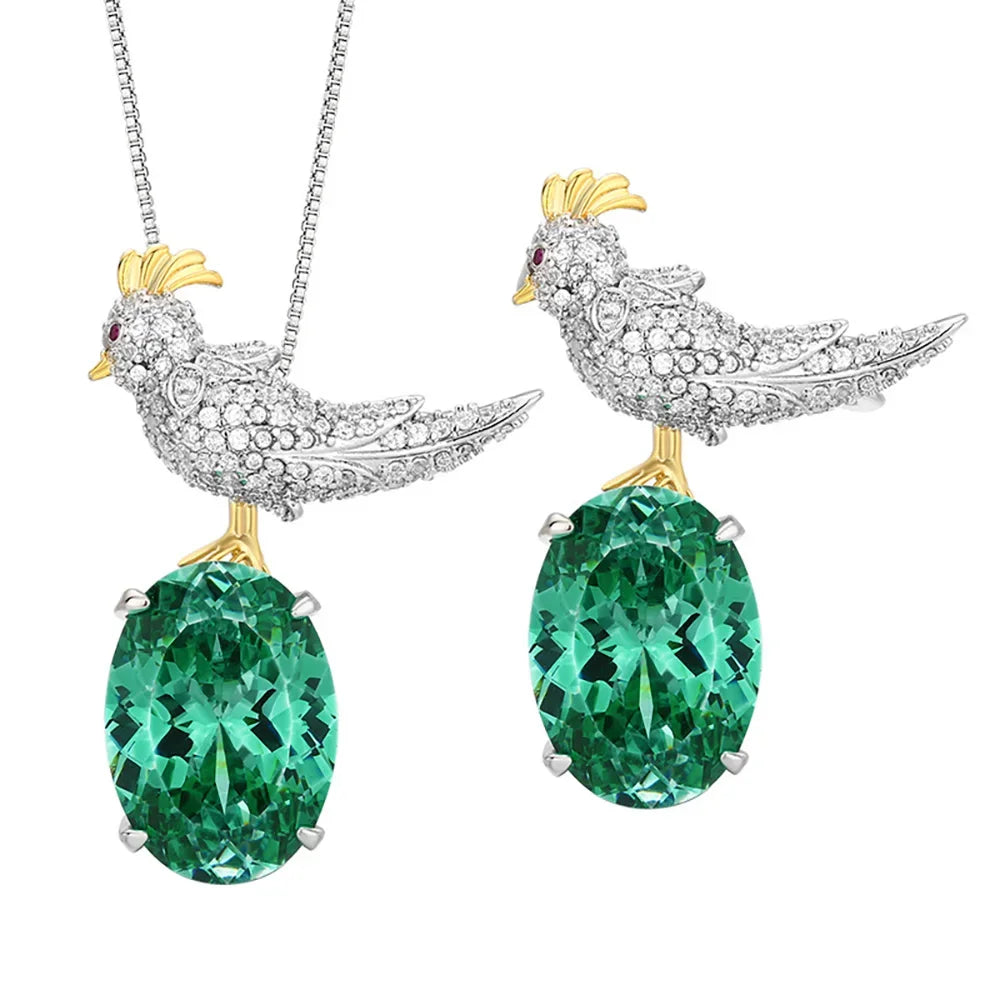 Green Tourmaline Gemstone Magpie Pendant Necklace Brooch Set