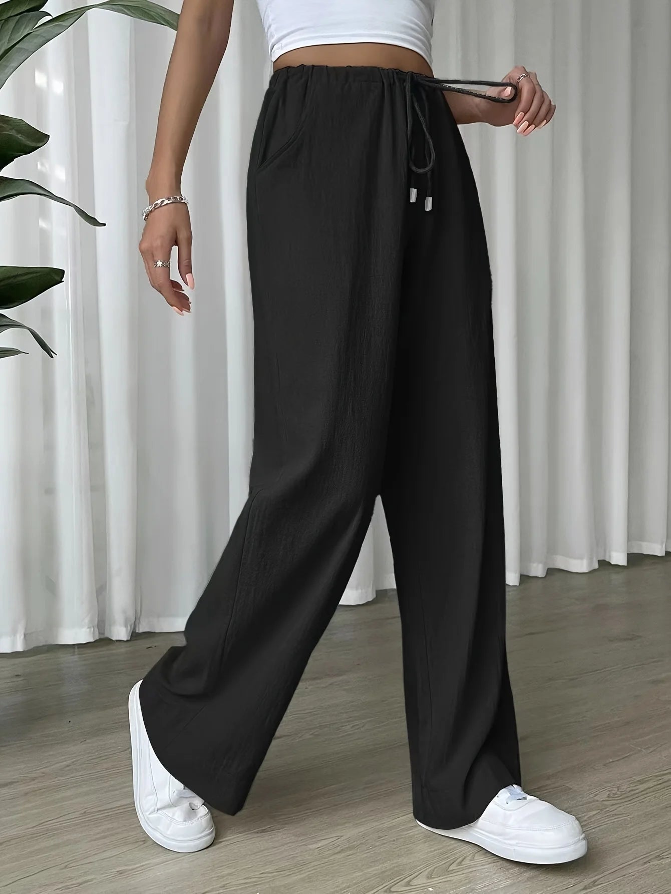 Women's Relaxed Wide Leg, Tie Waist Pants | Polyester Cotton Linen