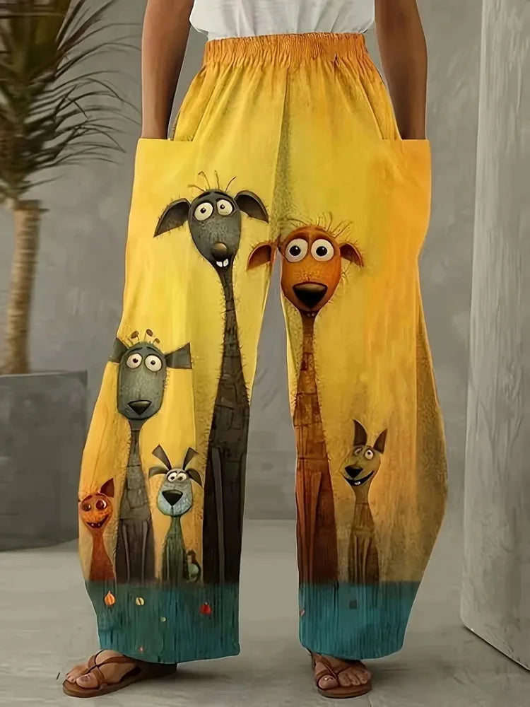 Women's Loose Bloomers Cartoon Dog Animal Print Polyester Pocket