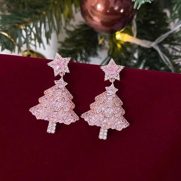 Christmas Tree Zircon Crystal Earrings Silver Tone Stud