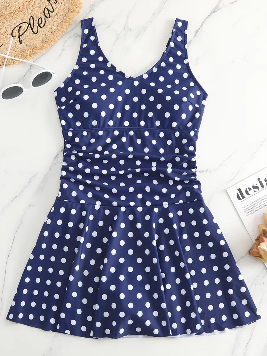 Plus Size Padded Swimsuit White Dot Swimdress