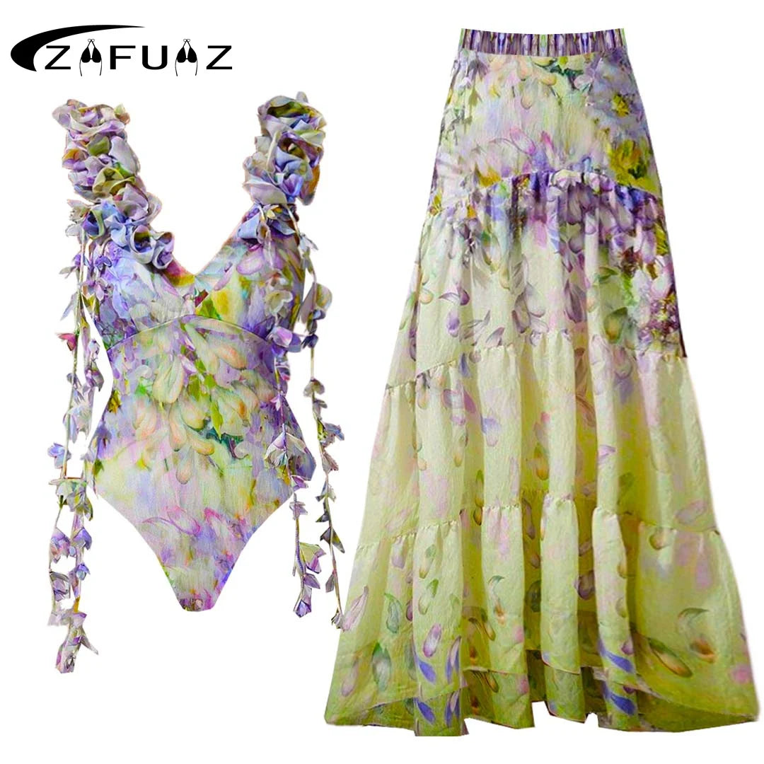 Flower Ruffle Swimsuit With Cover Up V Neck Bikini