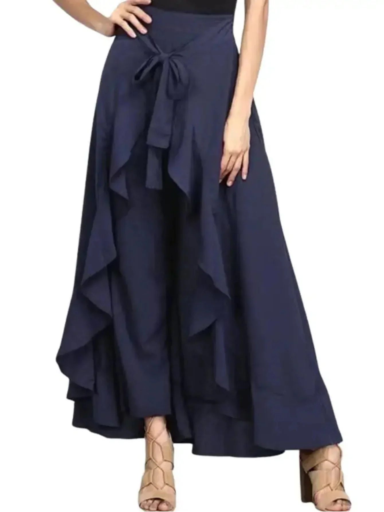 Elegant High Waist Lace Up Chiffon Dress Pants With Ruffle Details