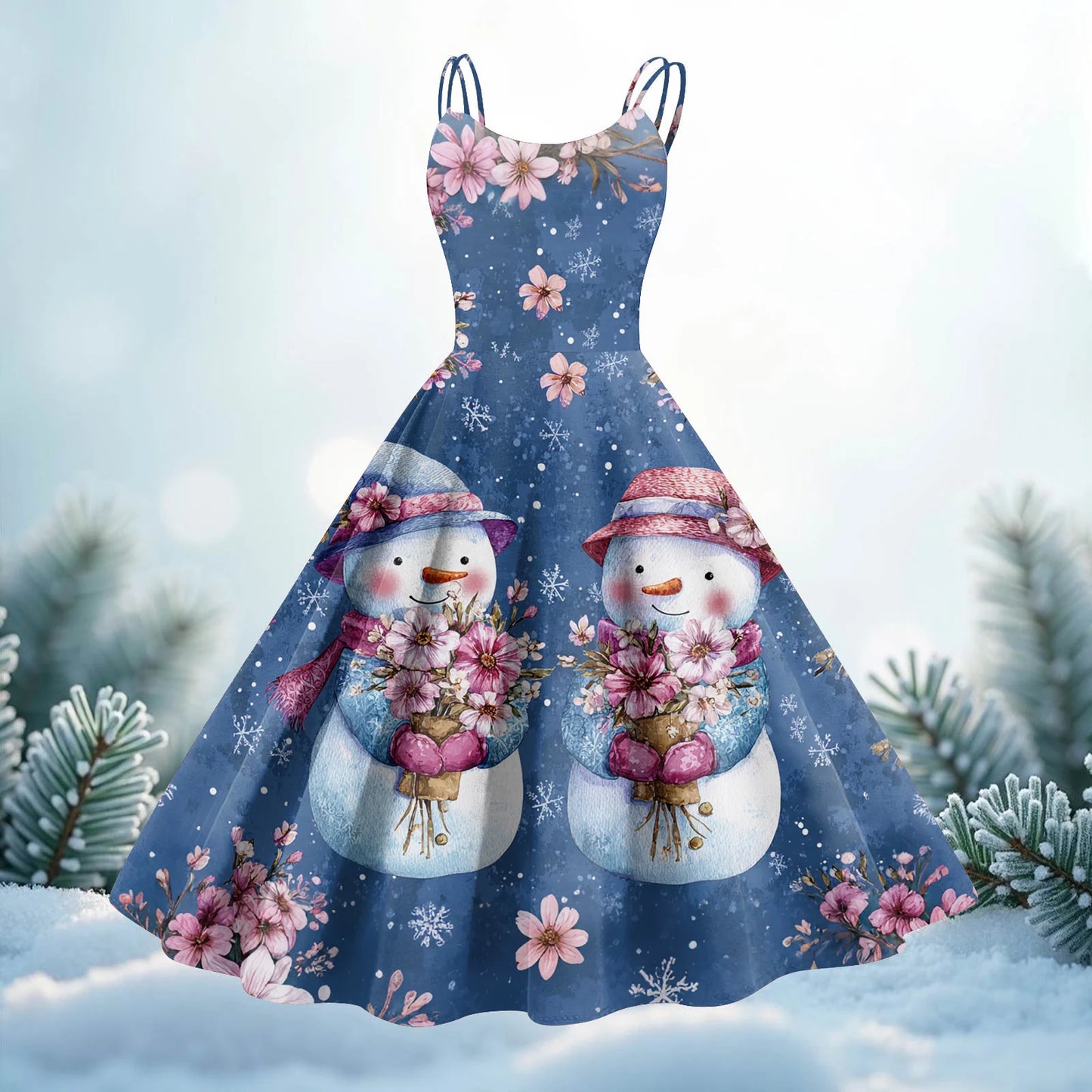 Women Christmas Print Spaghetti Strap Polyester Dress