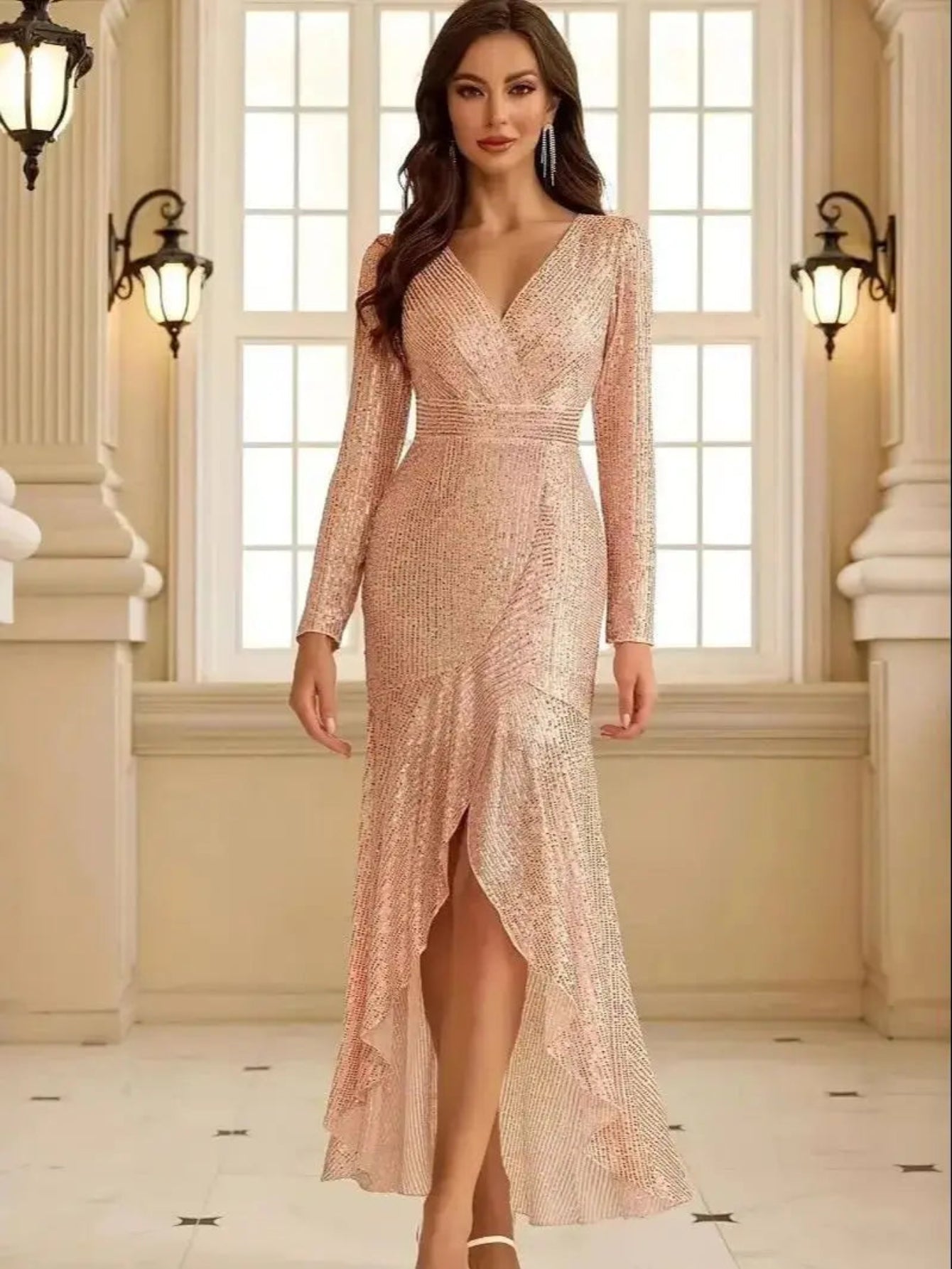 Champagne Sequined V Neck Ankle Length Evening Dress