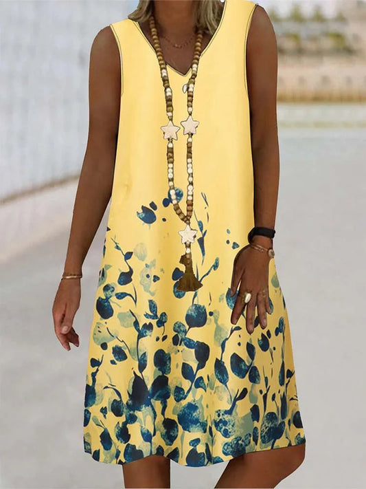 Women's Sleeveless V-Neck Dress Plant Print - Beachwear