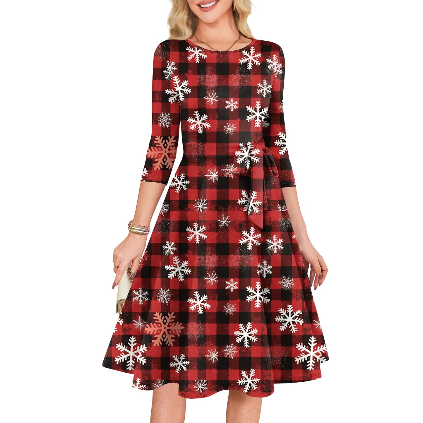 Women's A Line O Neck Polyester Dress Christmas Print Slim