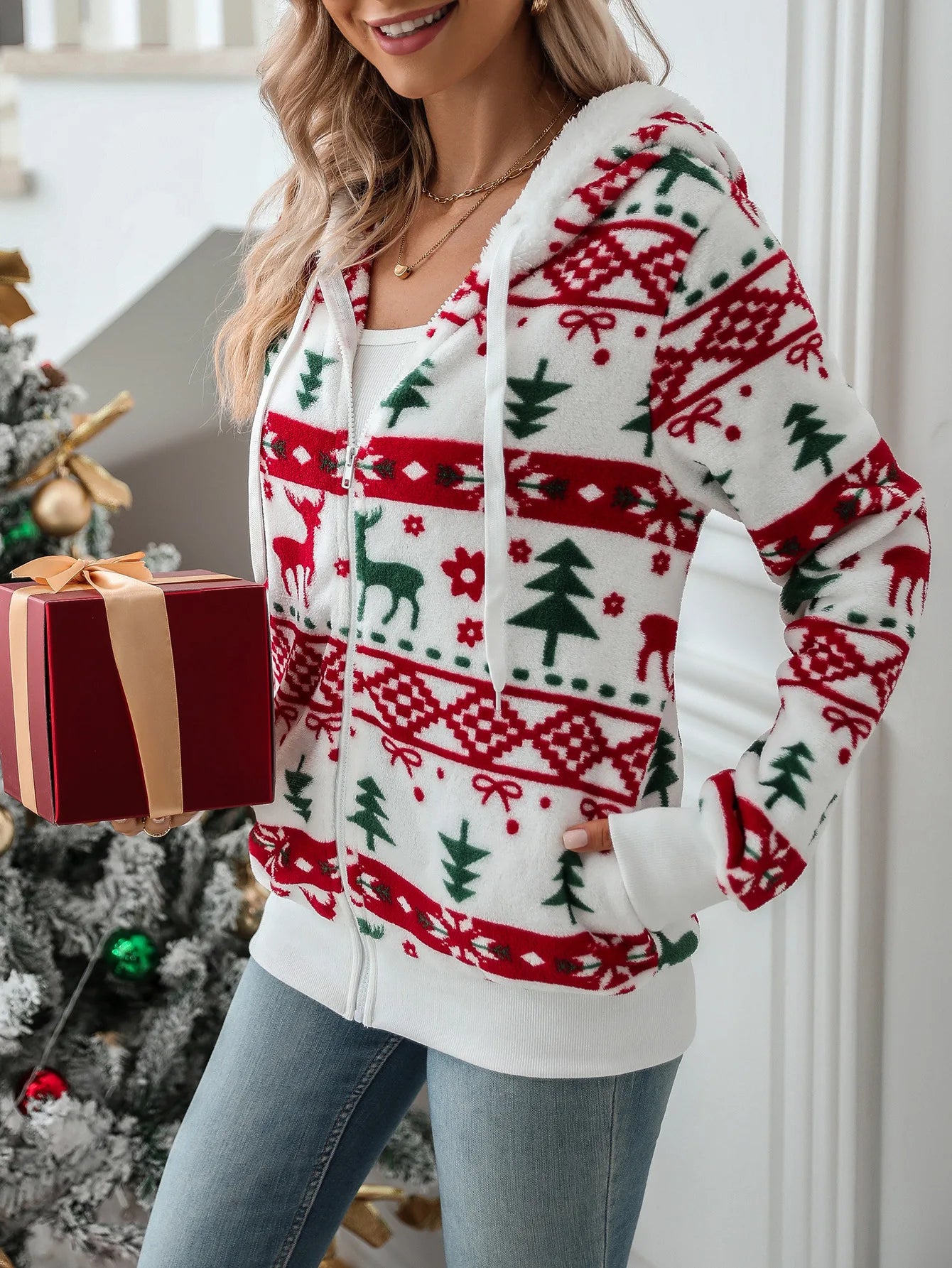 Christmas Print Plush Winter Cardigan Warm Long Sleeve Jacket