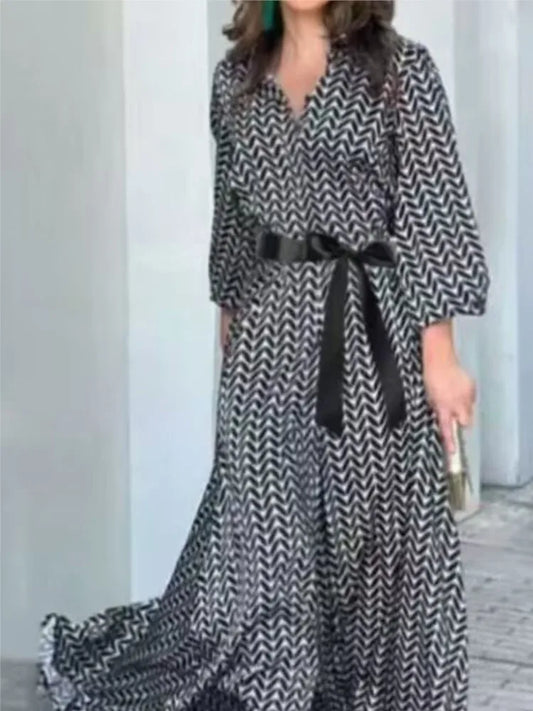 Women's Elegant Black Print Dress - V Neck Sash Style