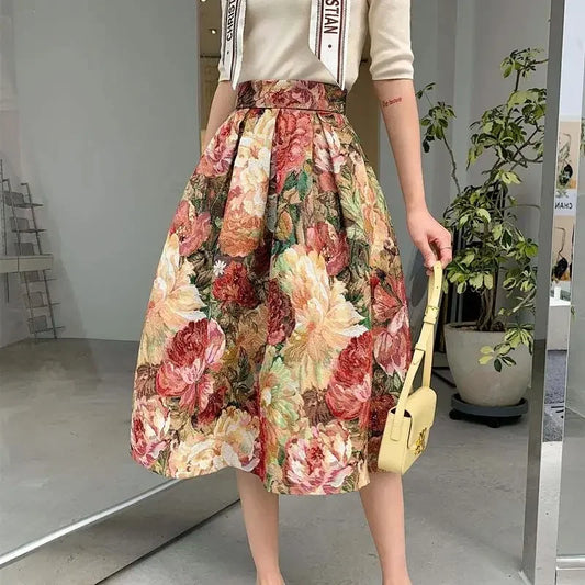 French Floral Jacquard  Skirt – Chic Knee-Length Design