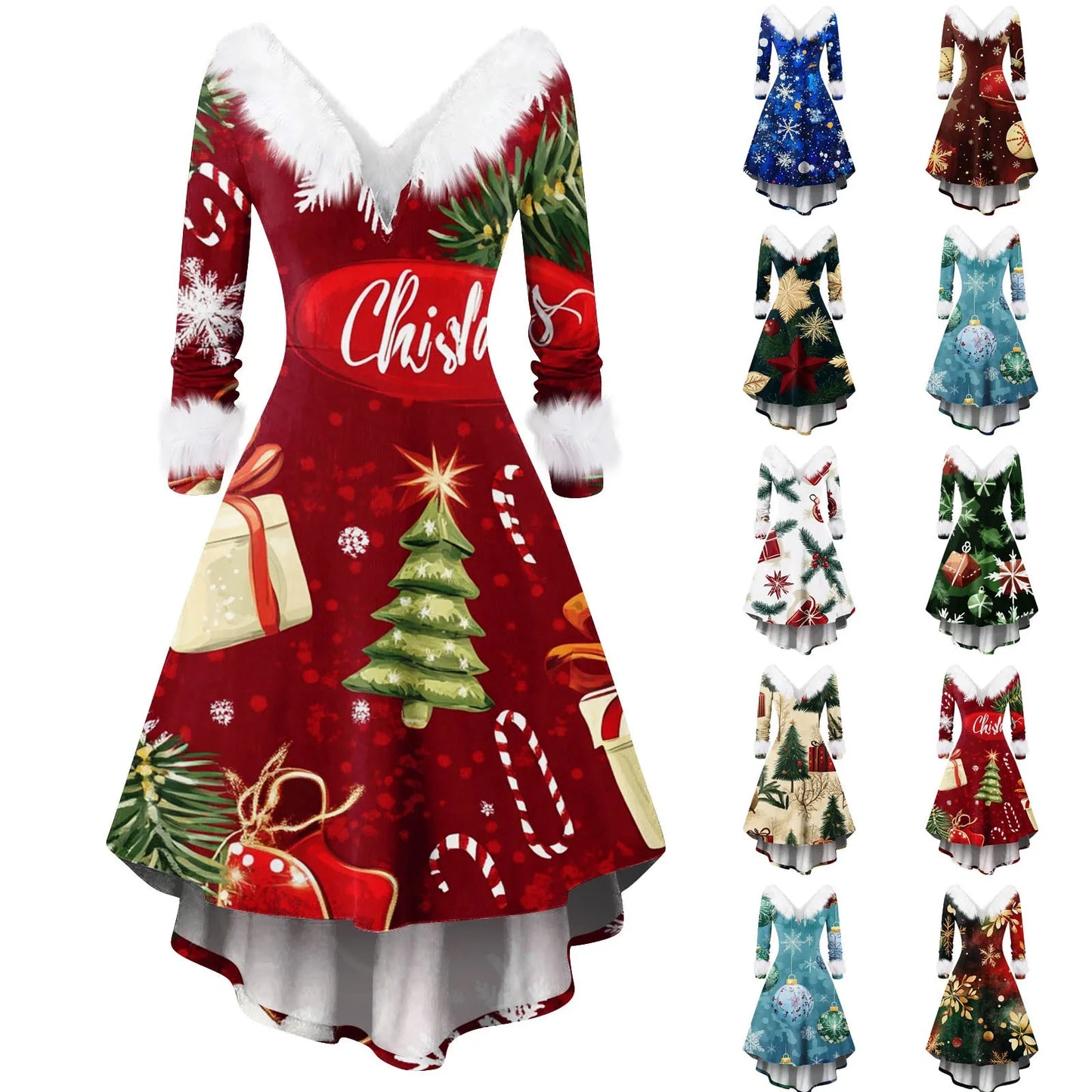 Women's Spliced Christmas Furry A Line Knit Dress Regular