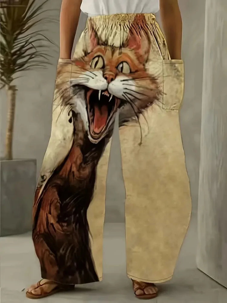 Women's Loose Bloomers Cartoon Cat Print Polyester Pants