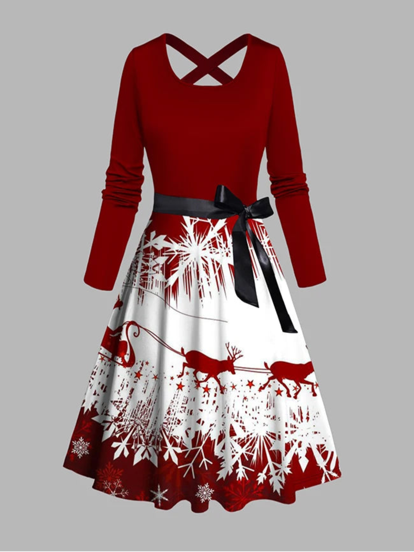 Women's A-Line Midi Christmas Snowflake Elk Sleigh Ride Print Crisscross Bowknot Belted Dress